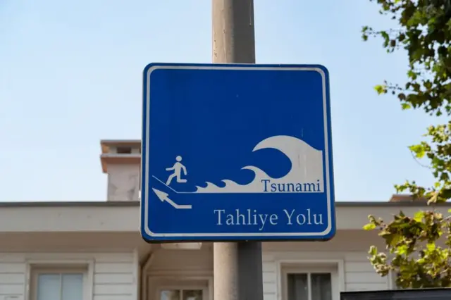 Tsunami tahliye yolu yazılı bir tabela. 