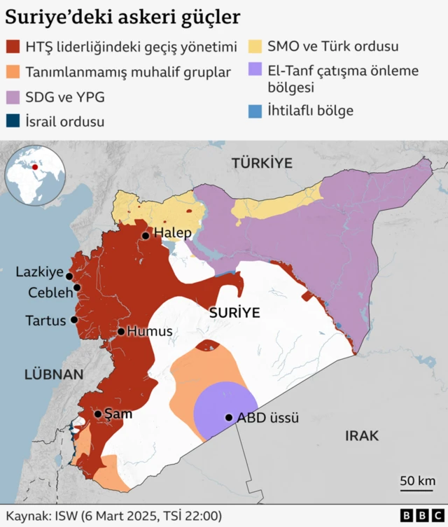 Suriye'de hangi grupların hangi bölgeleri kontrol ettiğini gösteren harita. 
