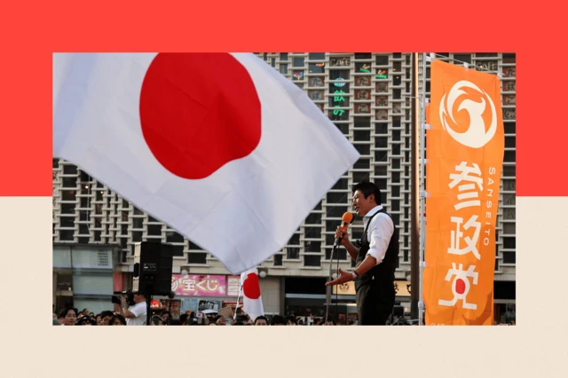 Sohei Kamiya Temmuz ayı başlarında Tokyo'da düzenlenen bir mitingde konuşma yapıyor