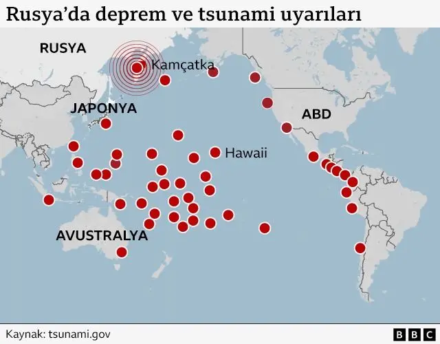 Pasifik adaları ve kıyı bölgelerinde tsunami uyarıları yayınlanan bölgeler haritası