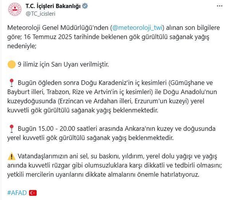 İçişleri Bakanlığından 9 il için sarı uyarı Sağanak, dolu, yıldırım ve sel riski kapıda
