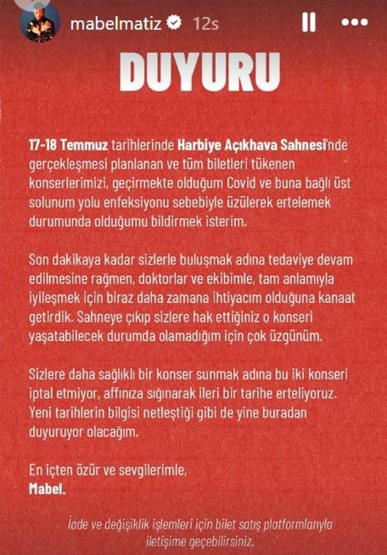 Mabel Matiz kötü haberi duyurdu Harbiye konserleri ertelendi