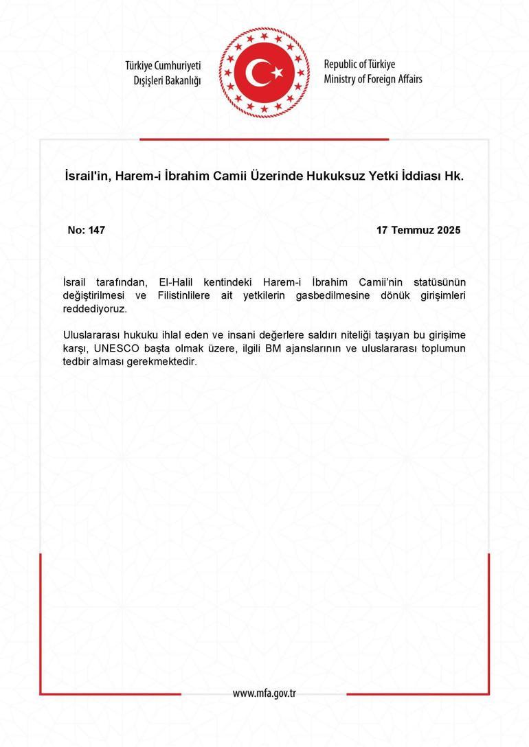Dışişleri Bakanlığı: Filistinlilere ait yetkilerin gasbedilmesine dönük girişimleri reddediyoruz
