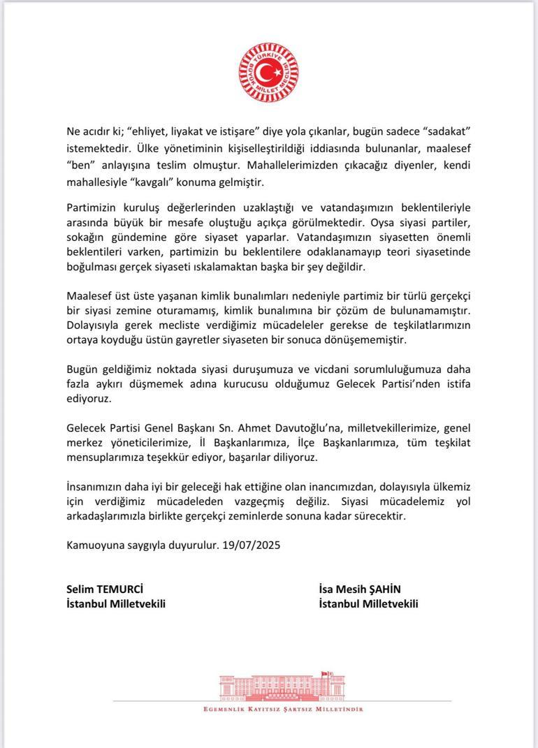 Gelecek Partisinden 2 milletvekili istifa etti