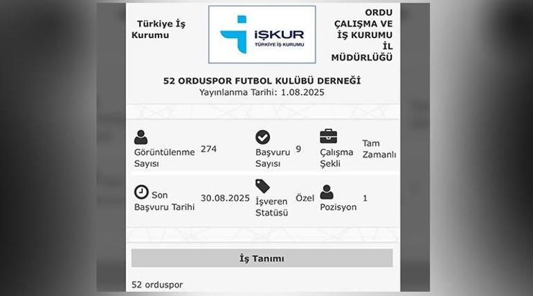 52 Orduspor FK, İŞKUR’a futbolcu ilanı verdi