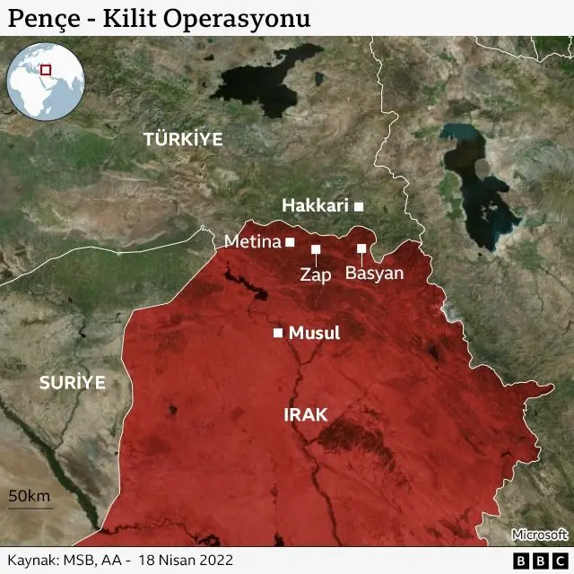 Kuzey Irak'ta Pençe-Kilit Harekatı bölgesini gösteren harita