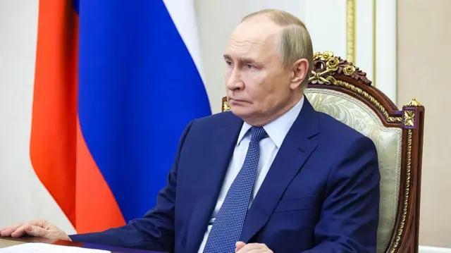 Vladimir Putin, 23 Temmuz 2025'te Moskova'daki Kremlin'de hükümet yetkilileriyle video konferans yoluyla bir toplantıya başkanlık ediyor.